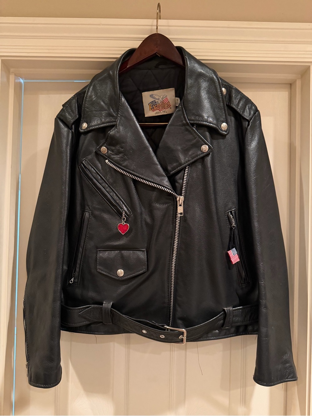 Classic Black Leather Biker Jacket with Heart Charm